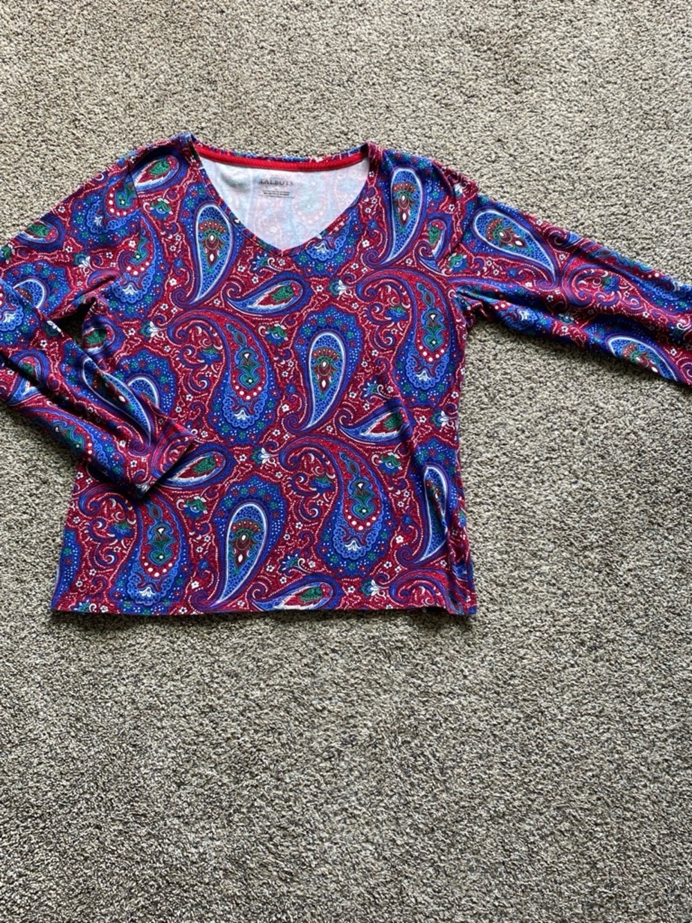 Talbots Women’s Paisley V-Neck Long Sleeve Tee in Red and Blue Size Large